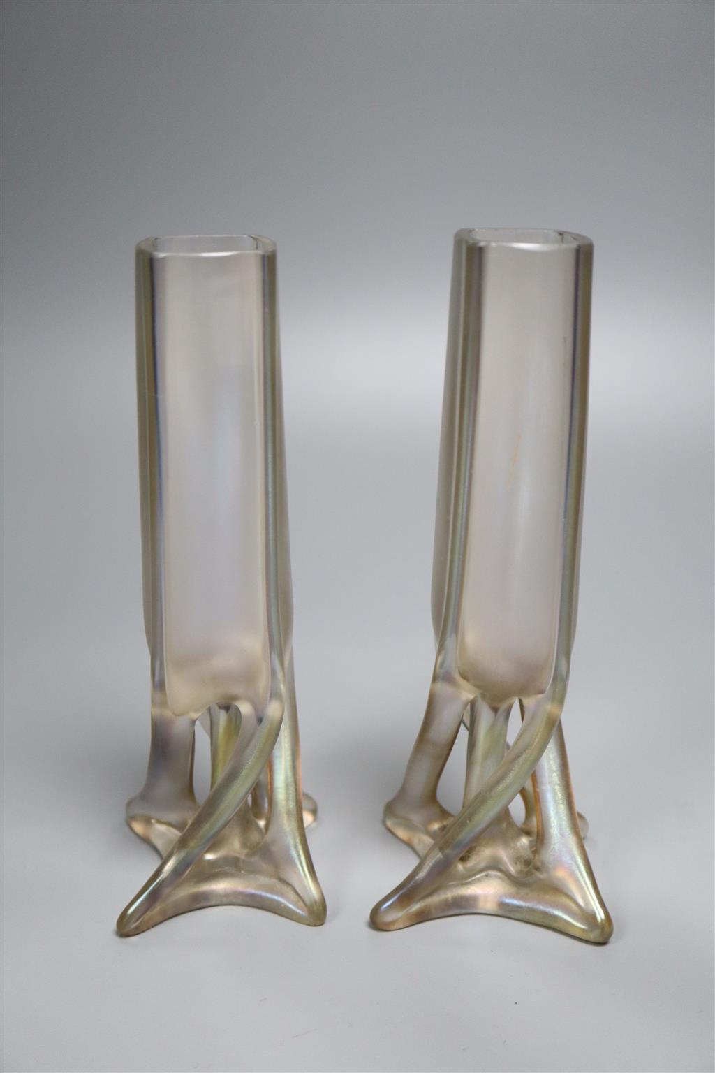 A pair of Loetz style Art Nouveau iridescent vases, H 20cm